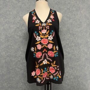By Together Embroidered Floral Tank Dress Sleeveless Casual Black Size L